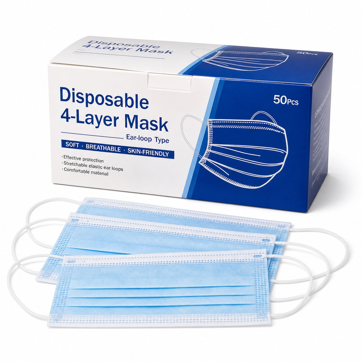 Disposable 4-layer ear-loop face masks 50 pack with blue masks