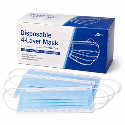Disposable 4-layer ear-loop face masks 50 pack with blue masks