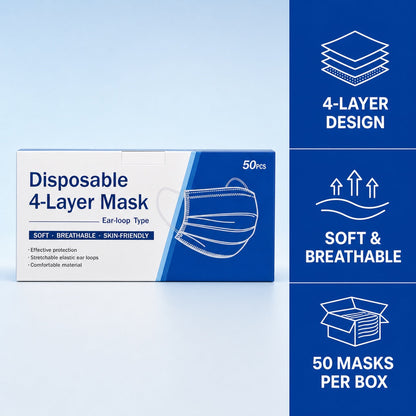 Disposable 4-layer face masks 50-pack with 4-layer, soft and breathable benefits