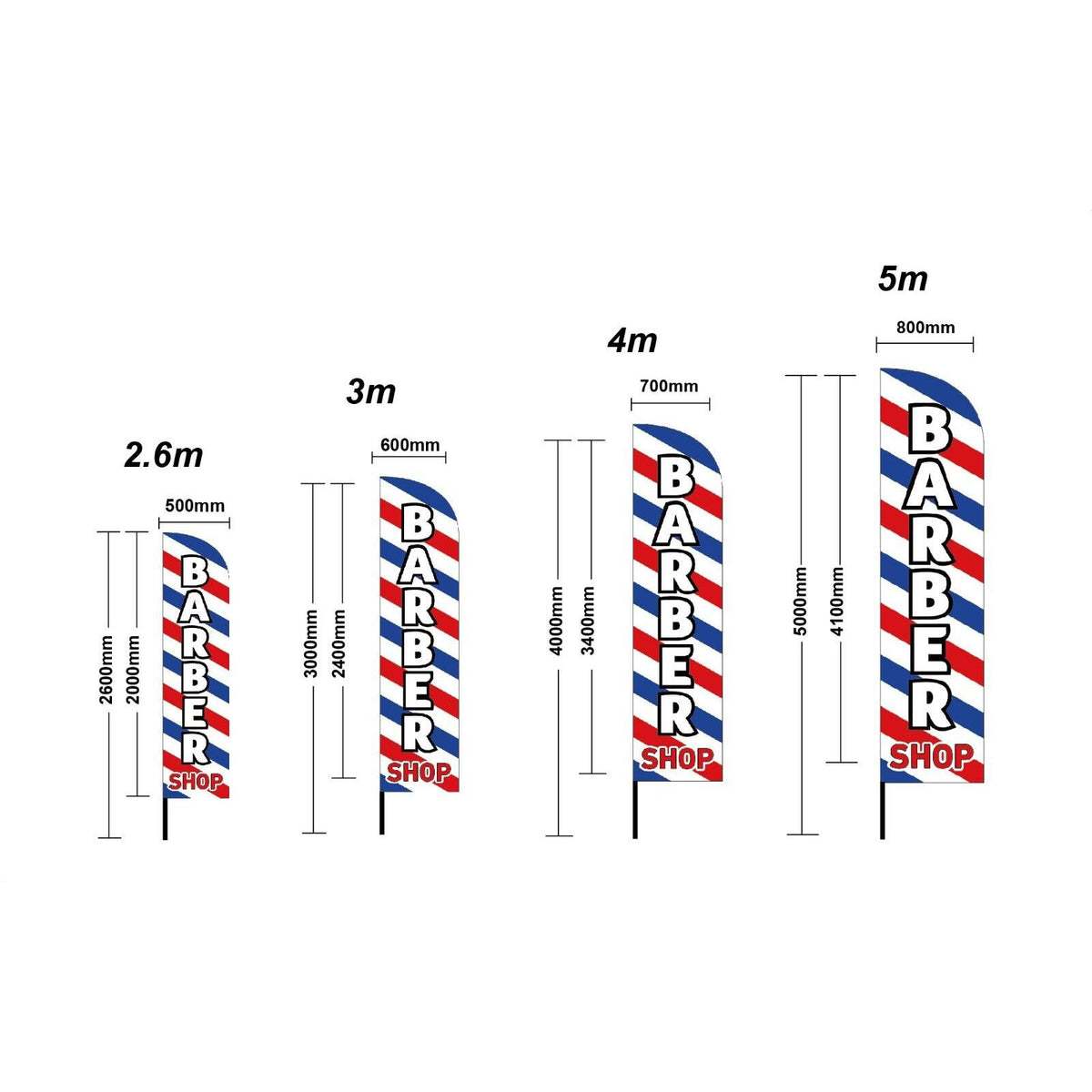 Barber Shop feather flag height guide for 2.6m, 3m, 4.1m and 5m options