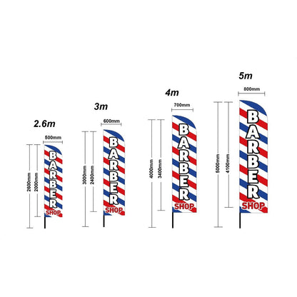 Barber Shop feather flag height guide for 2.6m, 3m, 4.1m and 5m options