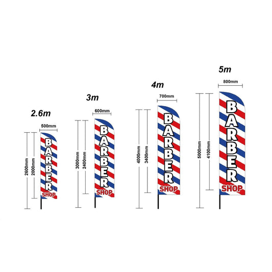 Barber Shop feather flag height guide for 2.6m, 3m, 4.1m and 5m options