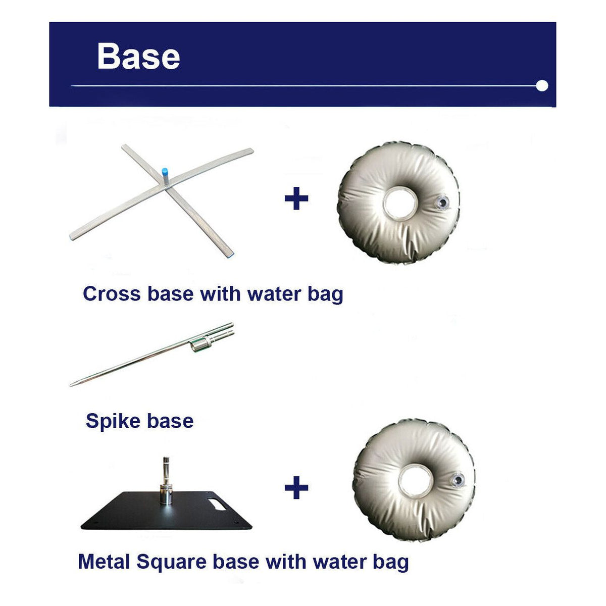 Feather flag base guide showing cross, spike and square base styles