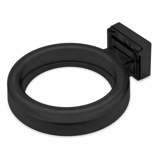 Black plastic wall-mounted hair dryer holder on a clean white background