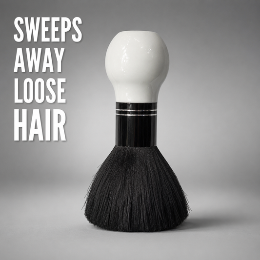 MV dusting brush benefit graphic: sweeps away loose hair