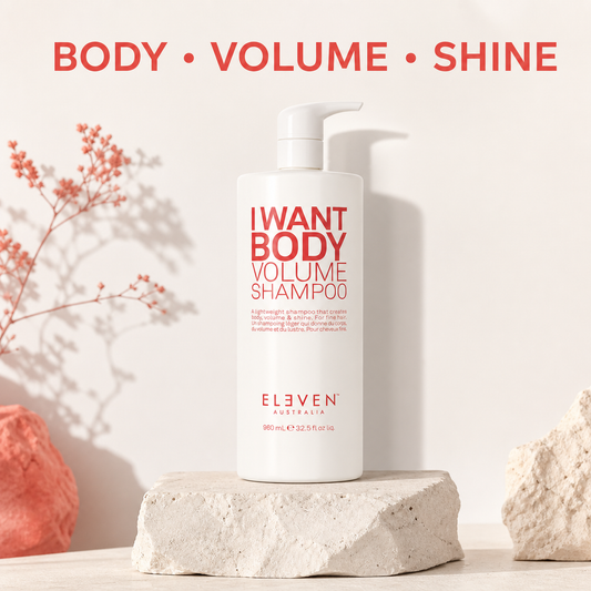 Eleven Australia I Want Body Volume Shampoo 960ml with body volume and shine benefit text