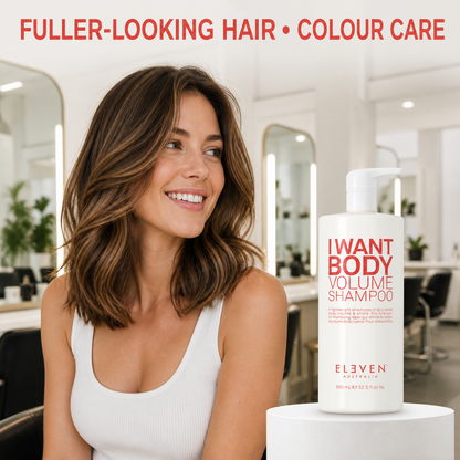 Eleven I Want Body Volume Shampoo 960ml with fuller-looking hair and colour care benefit text
