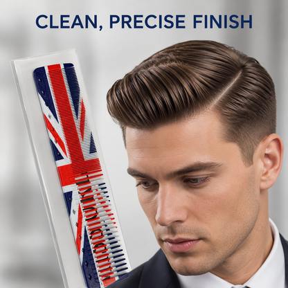 Clean precise classic hairstyle finished with the red white and navy England Comb