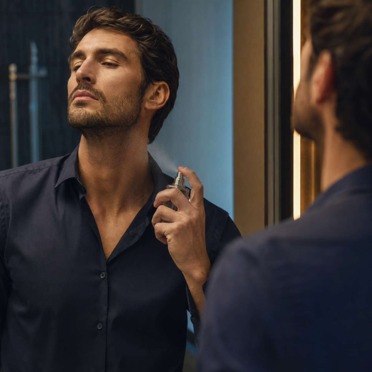 Man applying Versace Eros Eau de Parfum safely to his neck