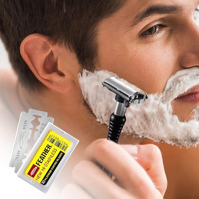 Adult shaving with a double edge safety razor and Feather Hi-Stainless blades