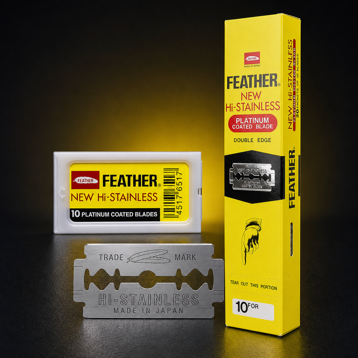 Feather Hi-Stainless double edge blade with yellow carton and 10-blade dispenser