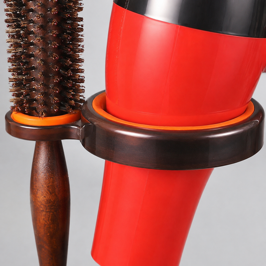 Close view of the brown dryer holder ring with red dryer and round brush