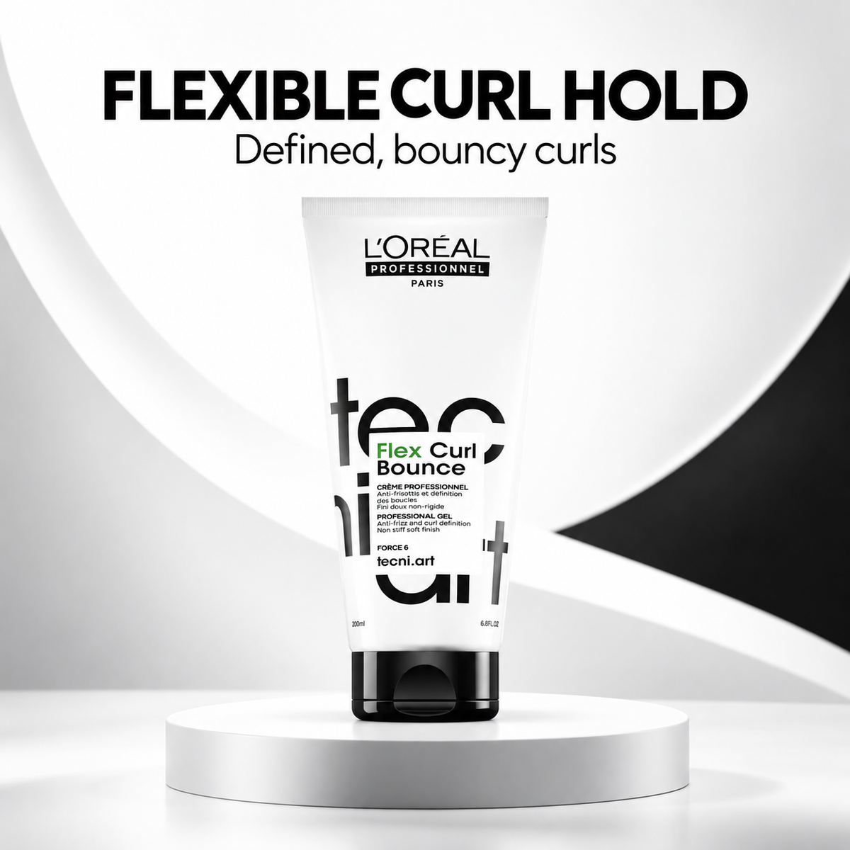 L'Oréal Professionnel Flex Curl Bounce gel with text: flexible curl hold, defined bouncy curls