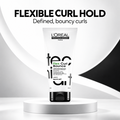 L'Oréal Professionnel Flex Curl Bounce gel with text: flexible curl hold, defined bouncy curls