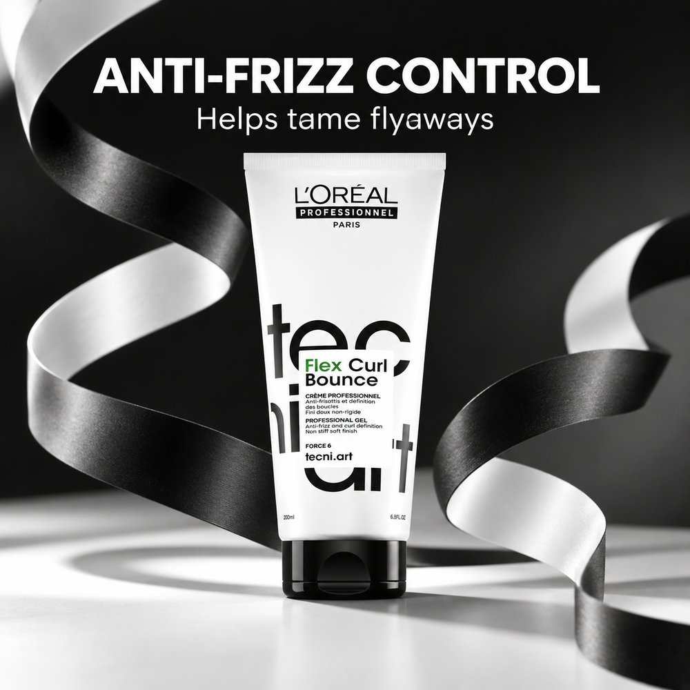 L'Oréal Professionnel Flex Curl Bounce gel with text: anti-frizz control, helps tame flyaways