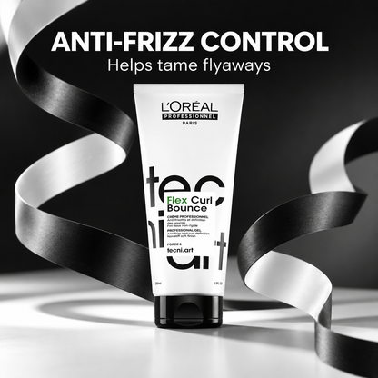 L'Oréal Professionnel Flex Curl Bounce gel with text: anti-frizz control, helps tame flyaways