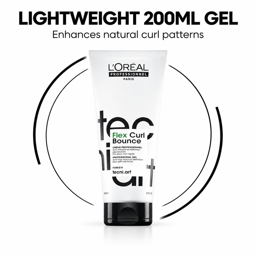 L'Oréal Professionnel Flex Curl Bounce gel with text: lightweight 200ml gel