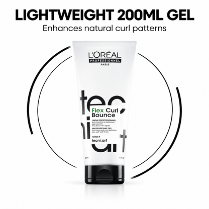 L'Oréal Professionnel Flex Curl Bounce gel with text: lightweight 200ml gel