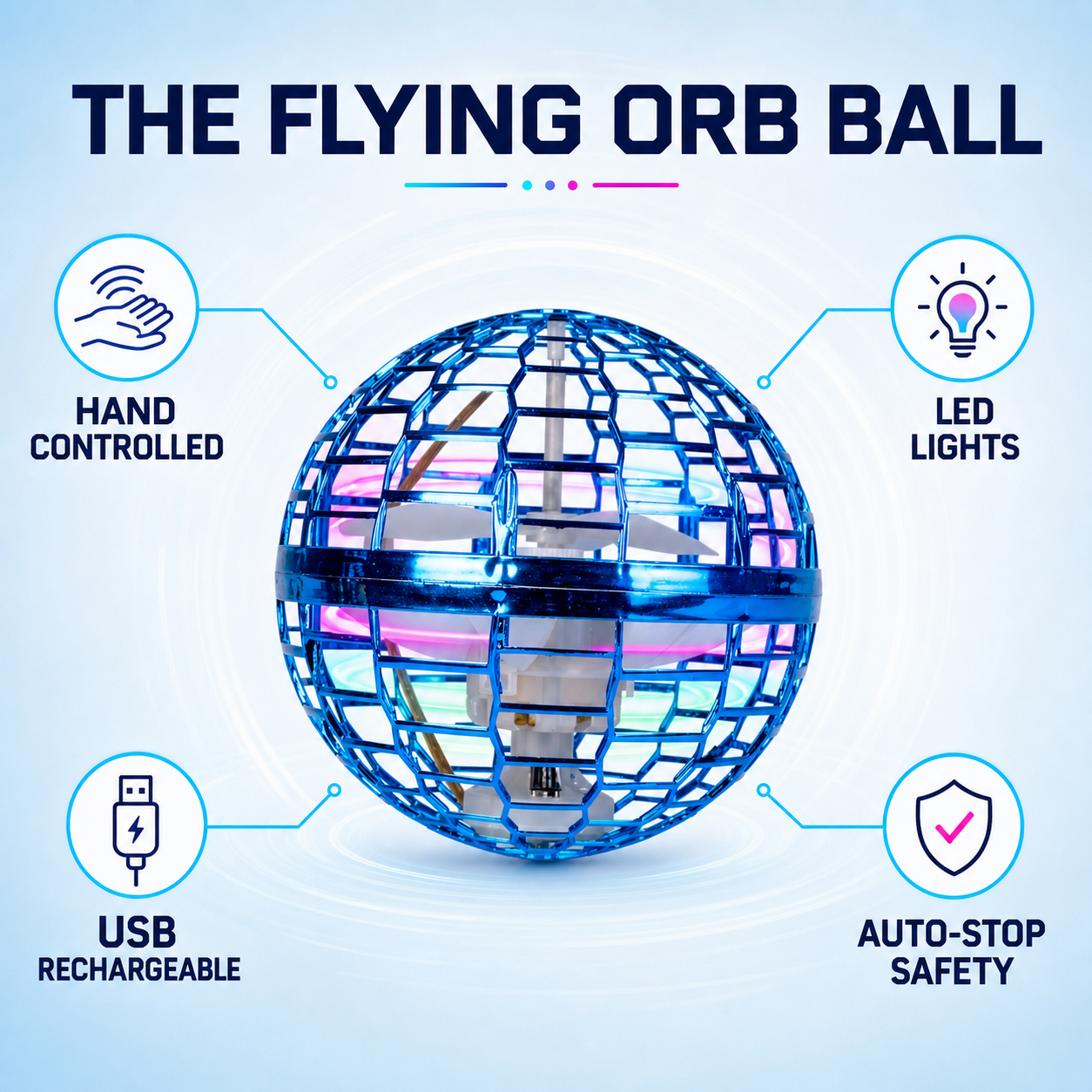 Flying Orb Ball features: hand controlled, LED, USB rechargeable and auto-stop