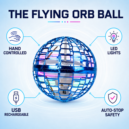 Flying Orb Ball features: hand controlled, LED, USB rechargeable and auto-stop