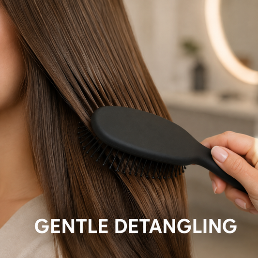 Framar Detangle Brush benefit graphic with unbranded brush, smooth hair and Gentle Detangling text
