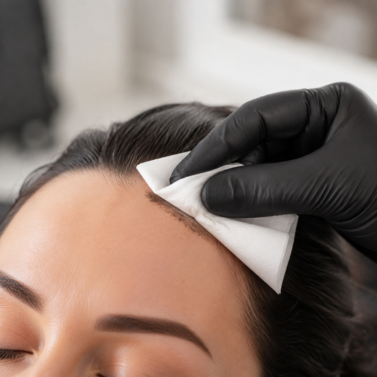 Framar Kolor Killer wipe removing hair colour stain from an adult client's hairline