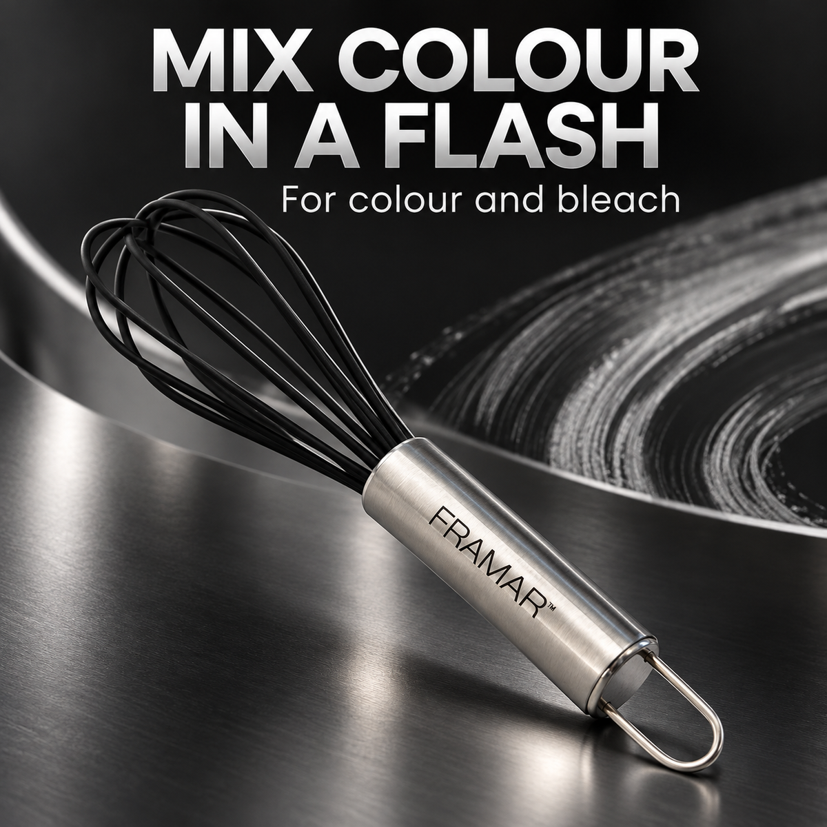 Framar Mighty Mixer whisk with text: mix colour in a flash, for colour and bleach