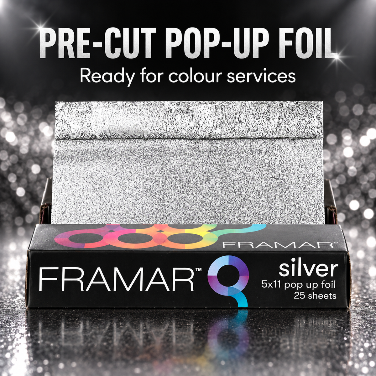 Framar silver pop-up foil box with text: pre-cut pop-up foil, ready for colour services