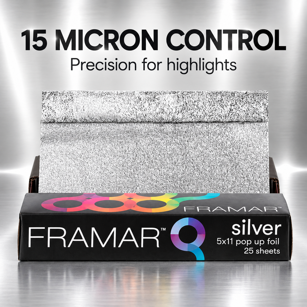 Framar silver pop-up foil with text: 15 micron control, precision for highlights