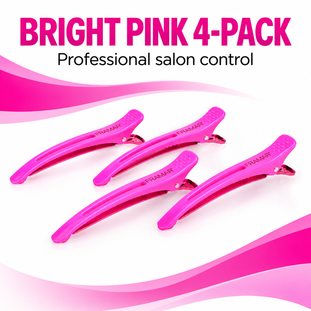 Pink Framar Super Sectioner clips with text: bright pink 4-pack, professional salon control