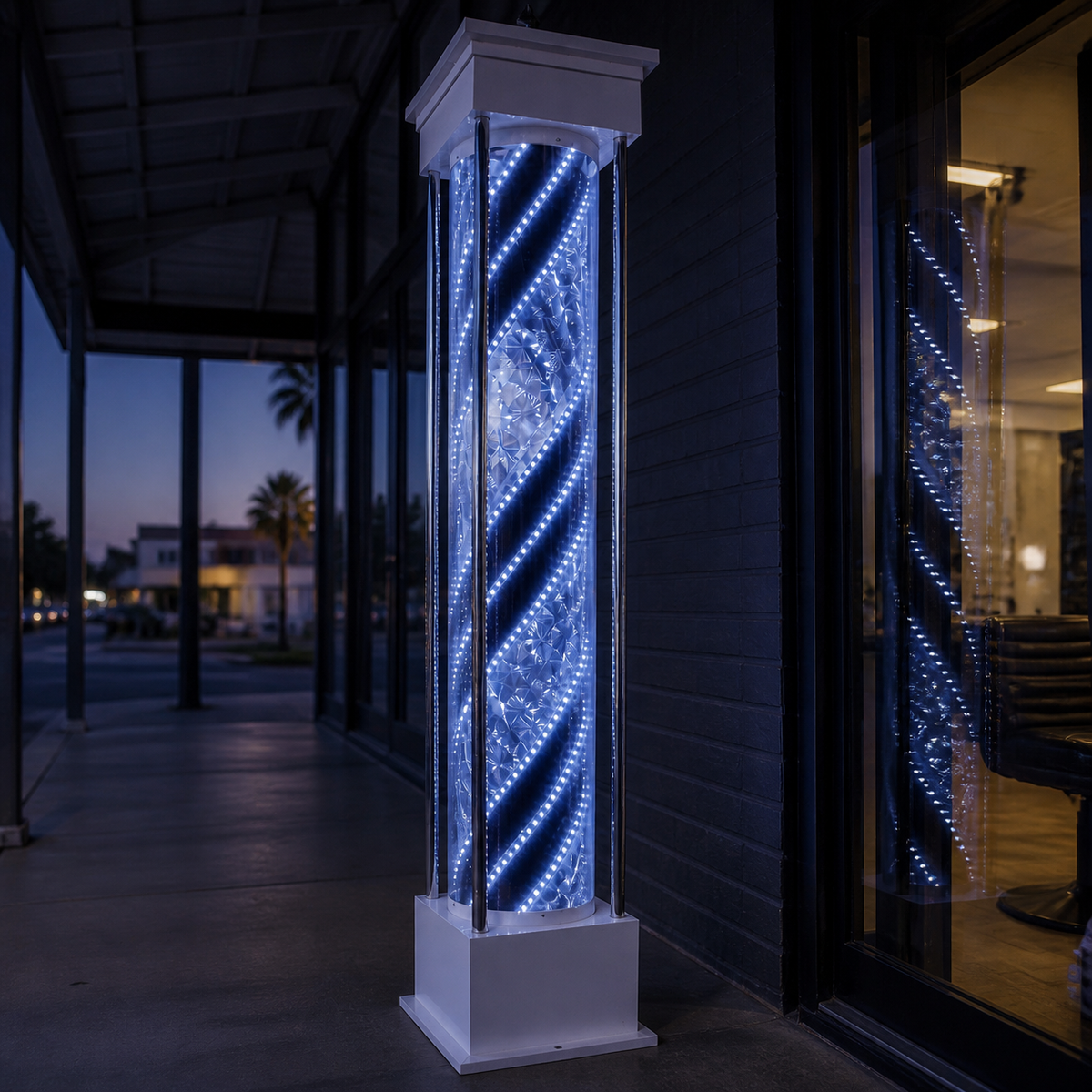 Freestanding LED Barber Pole Light – 190 x 35cm displayed at a barbershop at dusk