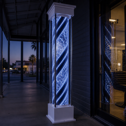 Freestanding LED Barber Pole Light – 190 x 35cm displayed at a barbershop at dusk