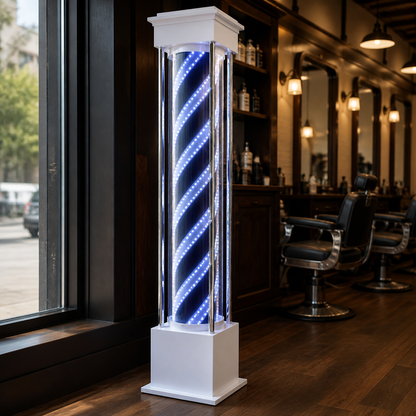 Freestanding LED Barber Pole Light – 190 x 35cm displayed inside a premium barbershop