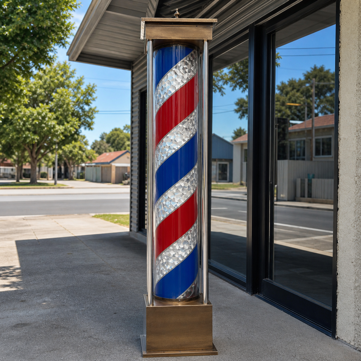 Freestanding LED Barber Pole Light – 220 x 45cm installed on a modern barbershop exterior