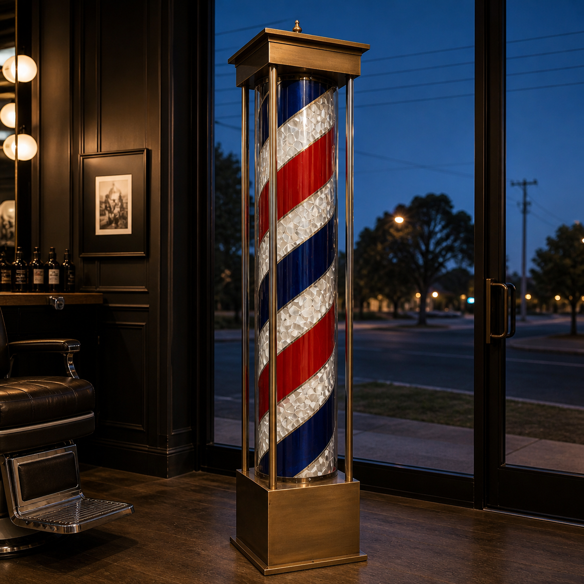 Freestanding LED Barber Pole Light – 220 x 45cm displayed at a barbershop at dusk
