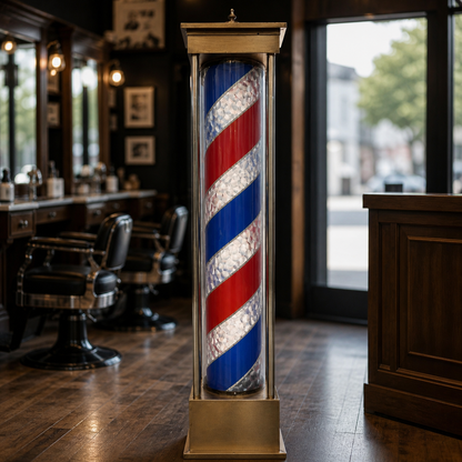 Freestanding LED Barber Pole Light – 220 x 45cm displayed inside a premium barbershop