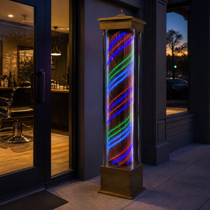 Freestanding Multicolour LED Barber Pole – 220 x 45cm displayed at a barbershop at dusk