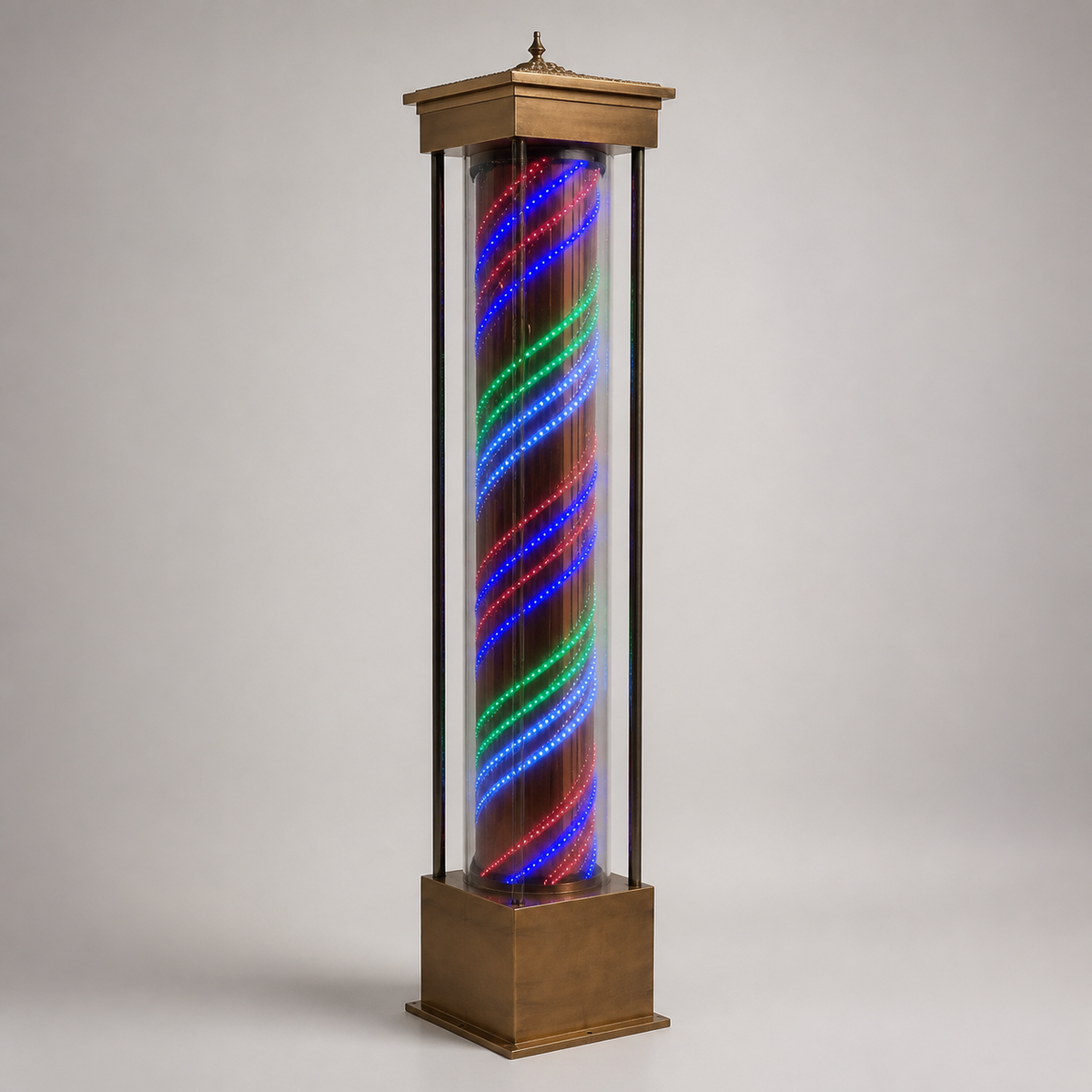Freestanding Multicolour LED Barber Pole – 220 x 45cm housing and striped cylinder detail