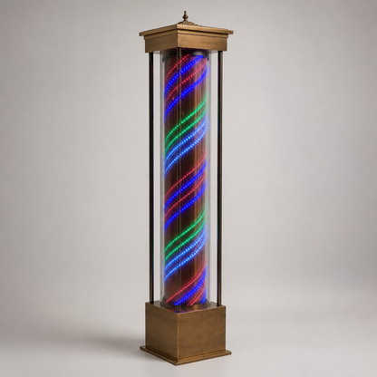Freestanding Multicolour LED Barber Pole – 220 x 45cm housing and striped cylinder detail