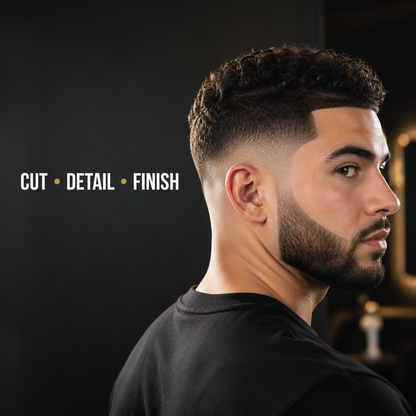 Finished men's fade and beard detail showing cut detail and finish