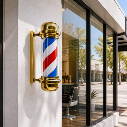 Gold Rotating Barber Pole – 19cm Wide installed on a modern barbershop exterior