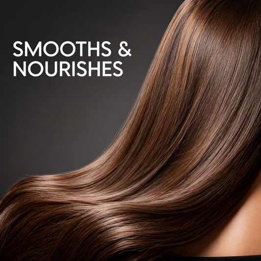 H2B leave-in spray benefit graphic highlighting smoother, nourished-looking hair