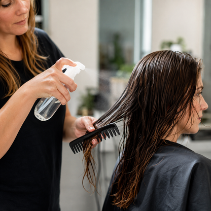 Stylist applying leave-in conditioning mist to damp hair and combing through the lengths