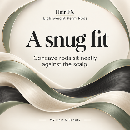 Hair FX Lightweight Perm Rods — A snug fit. Concave rods sit neatly against the scalp.
