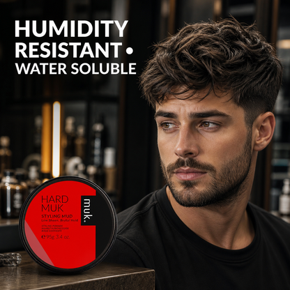 Hard Muk Styling Mud 95g with textured matte hairstyle - humidity resistant and water soluble