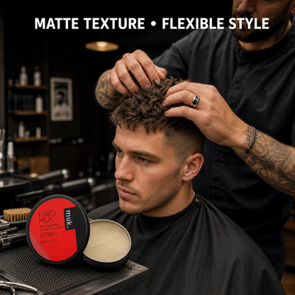 Barber styling textured hair with Hard Muk Styling Mud 95g - matte texture and flexible style