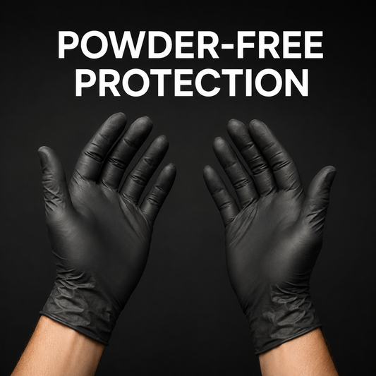 Black nitrile gloves benefit graphic with Powder-Free Protection text