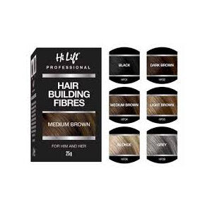 Hi Lift Hair Building Fibres 25g range showing six packaging shades