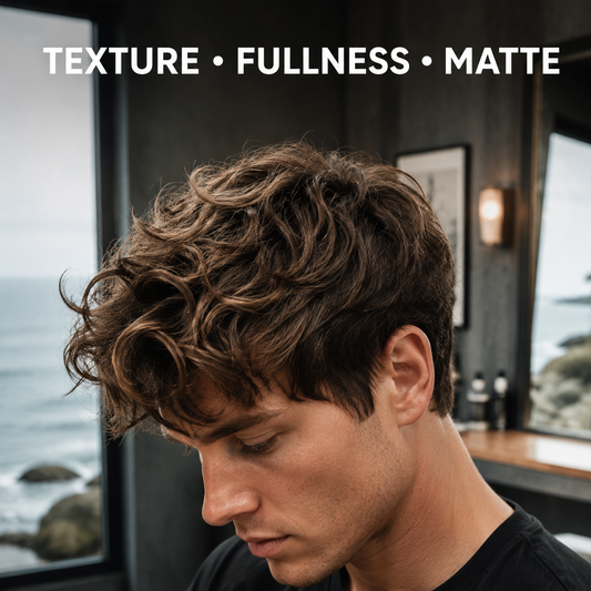 Sea salt spray benefit graphic showing texture, fullness and matte finish
