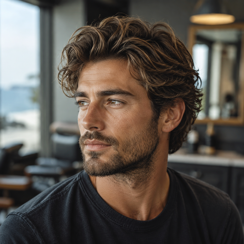 Finished windswept wavy hairstyle with full texture and matte finish